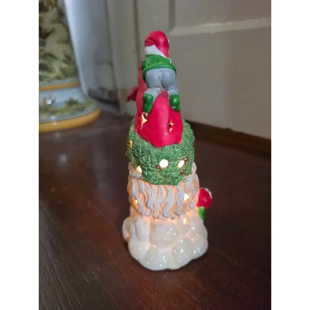 Vtg 90s Danson Lighted Ceramic Crescent Santa Figurine w/dangling elf - Works